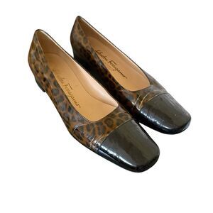 Salvatore Ferragamo Leopard Print Block Heel Patent